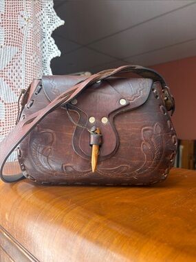 Vintage Brown Tooled Leather Shoulder Bag